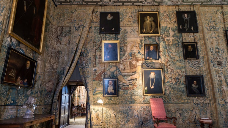 Interior of the Long Gallery at Hardwick, Derbyshire showing a selection of portrait paintings